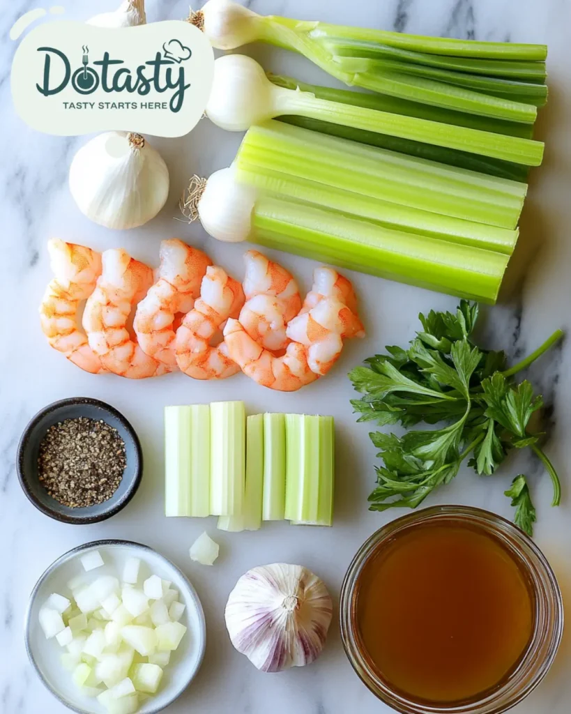 Shrimp, onions, garlic, celery, stock, seasonings arranged neatly