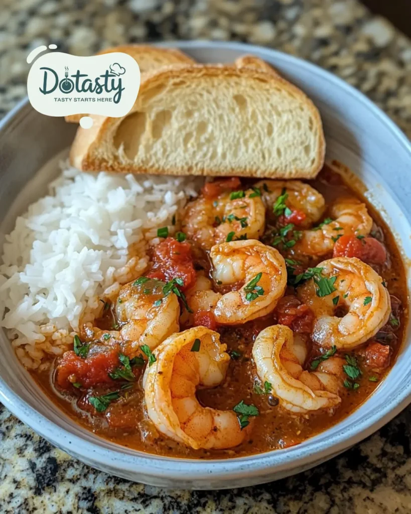 Shrimp stew served with rice and bread