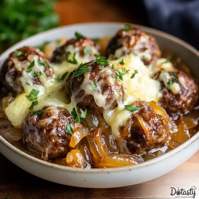 Slow cooker French onion meatballs with melted cheese and caramelized onions