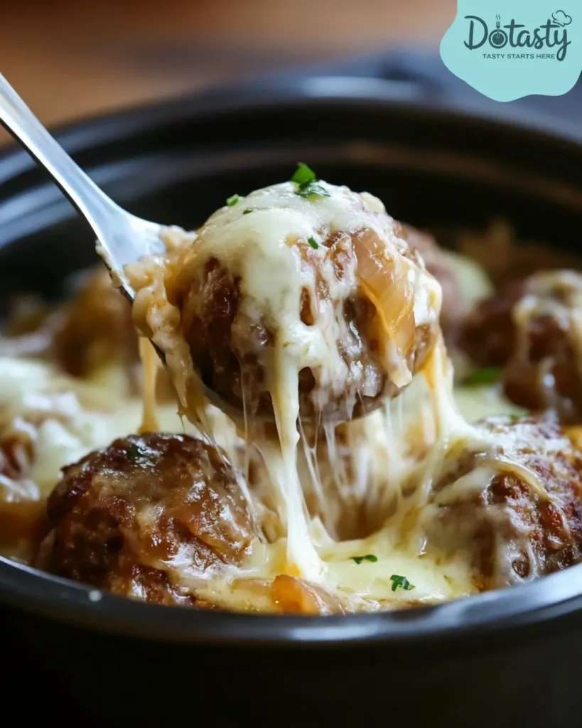 Slow cooker French onion meatballs with melted cheese and caramelized onions