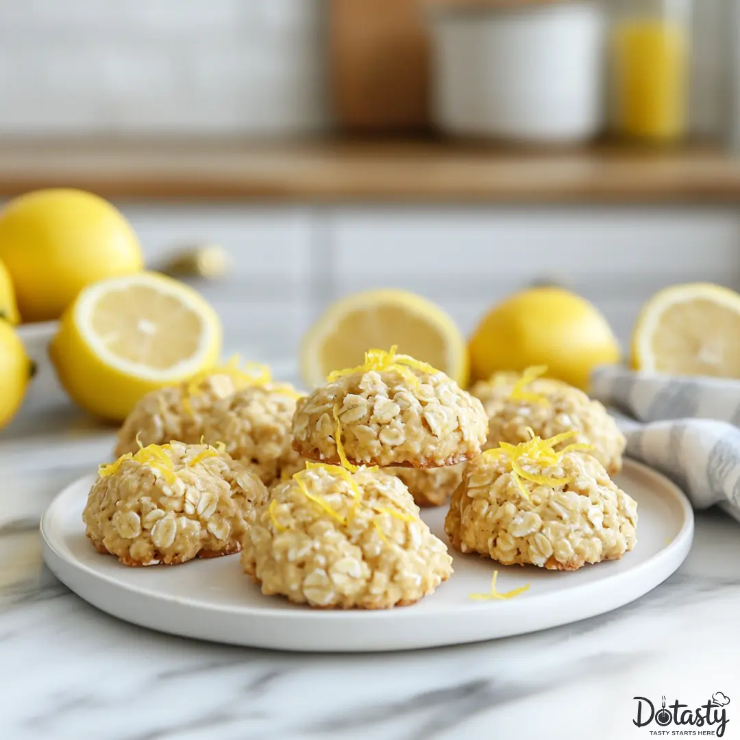 Soft and chewy lemon oatmeal no bake cookies on a white plate with lemon zest
