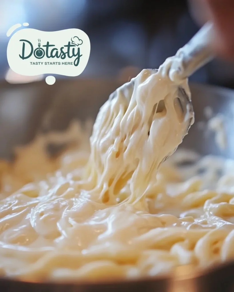 Stirring macaroni into creamy cheese sauce