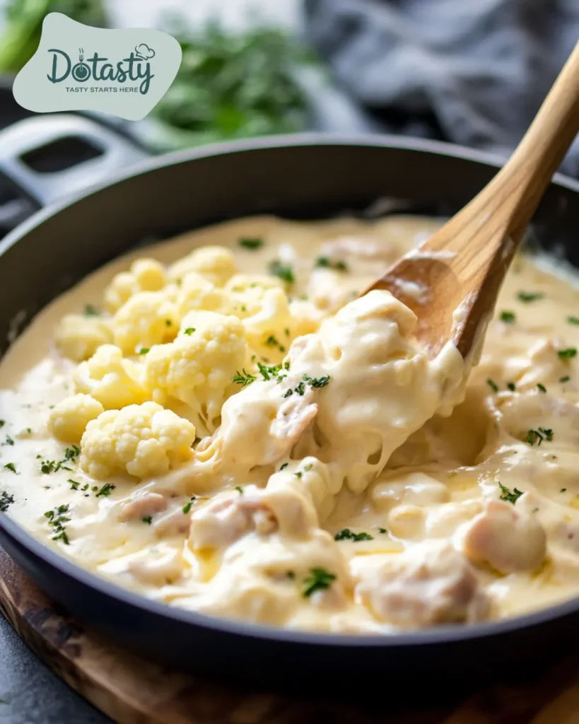 Tuna and cauliflower being folded into creamy cheese sauce.