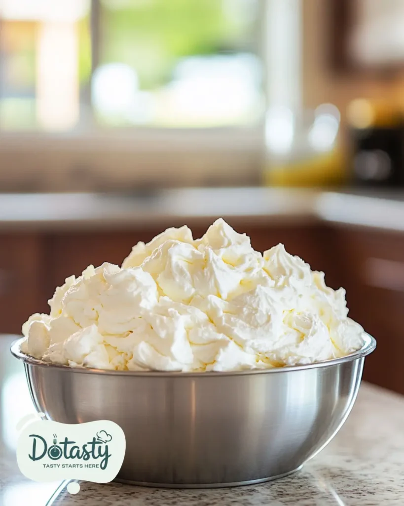 Whipped cream forming stiff peaks in a metal bowl.