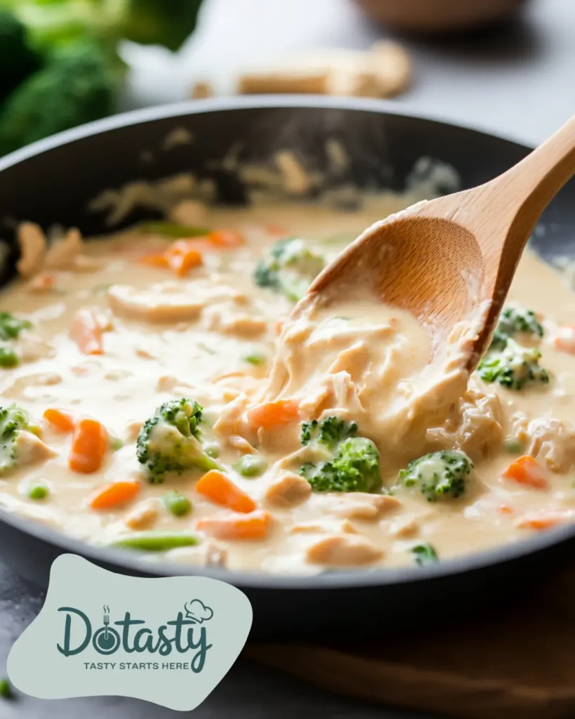 Whisking roux and broth in a skillet for casserole base