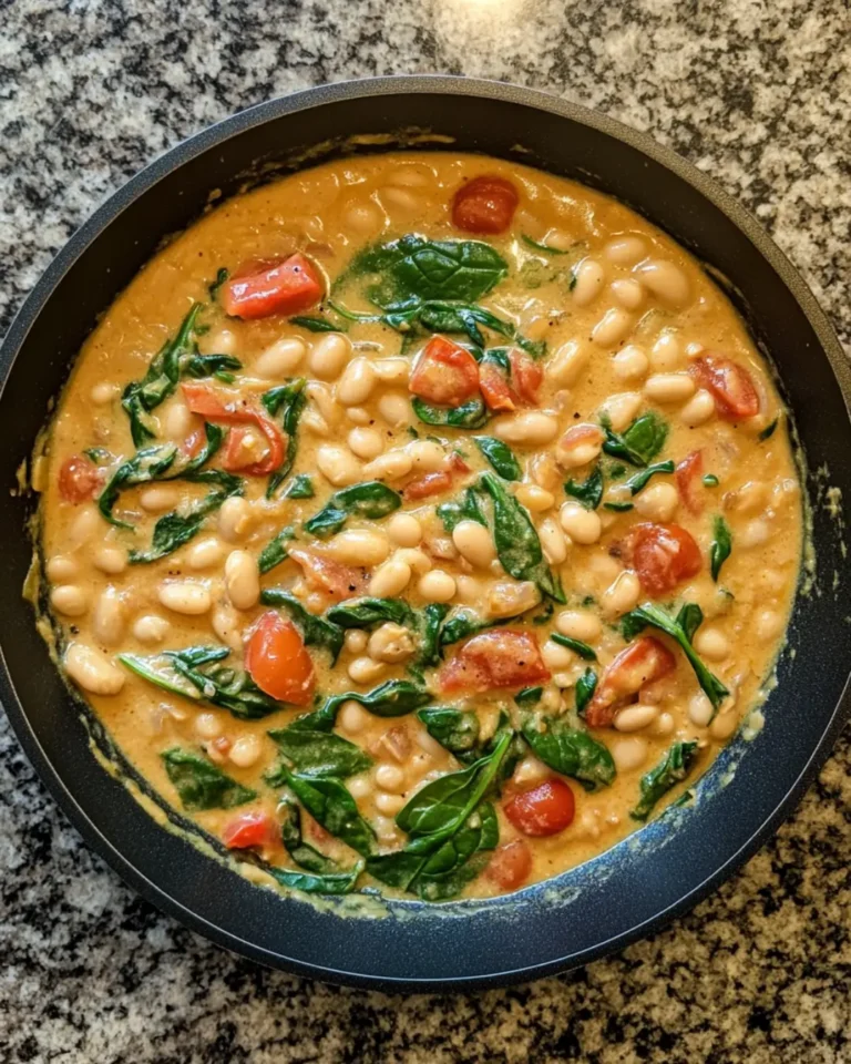 Overhead shot of creamy white beans in a skillet with spinach and tomatoes