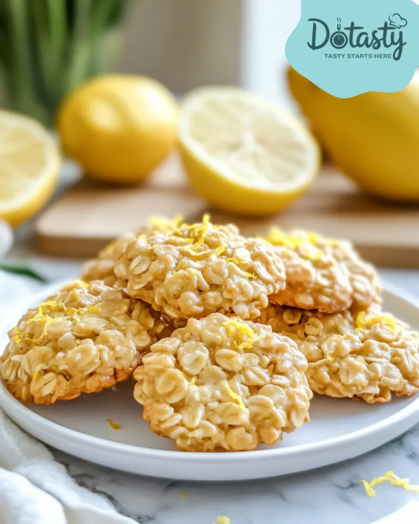 Soft and chewy lemon oatmeal no bake cookies on a white plate with lemon zest