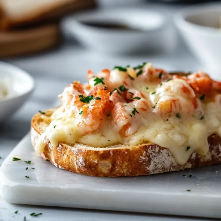 Open-faced lobster grilled cheese with melted cheese and herbs on toasted sourdough