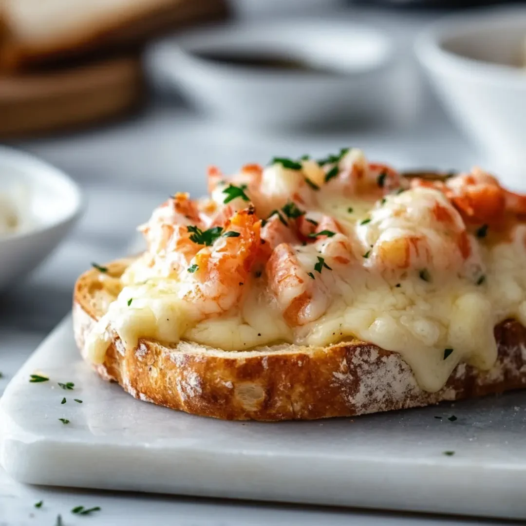 Open-faced lobster grilled cheese with melted cheese and herbs on toasted sourdough