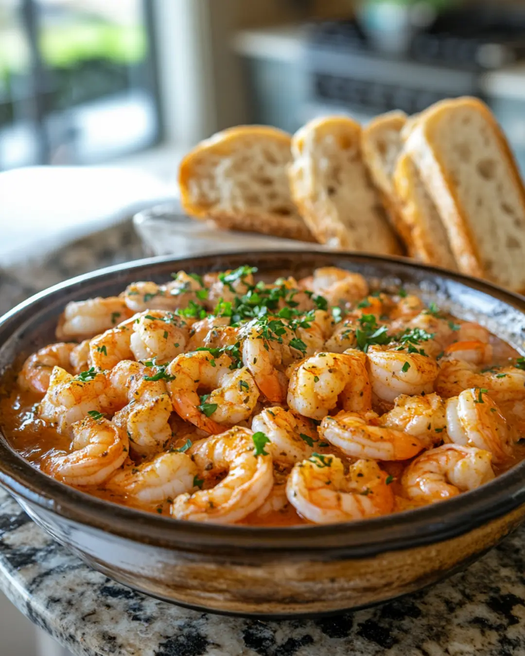 Overhead view of finished Shrimp Stew Recipe in a rustic bowl